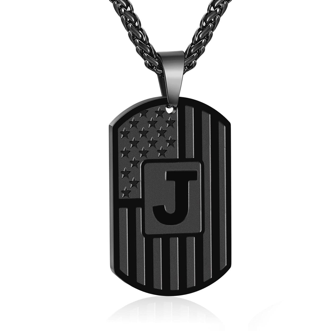 Bellino Initial J Necklace for Men, Letter Dog Tag American Flag Stainless Steel Teen Teenager Him Pendent Chain Alphabet Necklaces Jewelry Christmas Gifts Black