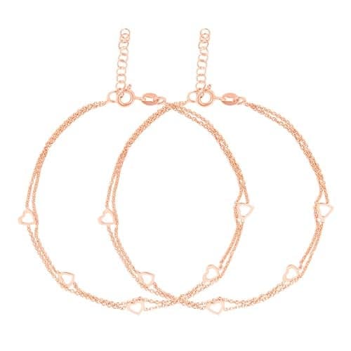 ZAVYA 925 Sterling Silver Layered Rose Gold Plating Hearts Anklets (Pair) | Gift for Women & Girls | With Certificate of Authenticity & 925 Hallmark