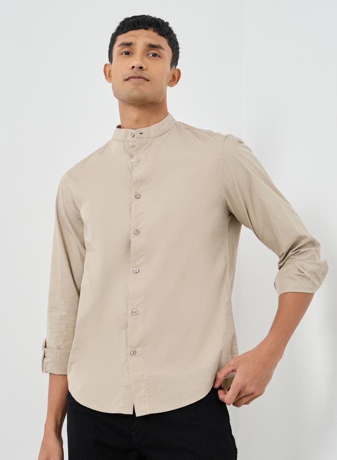 Solid Mandarin Collar Regular Fit Poplin Shirt