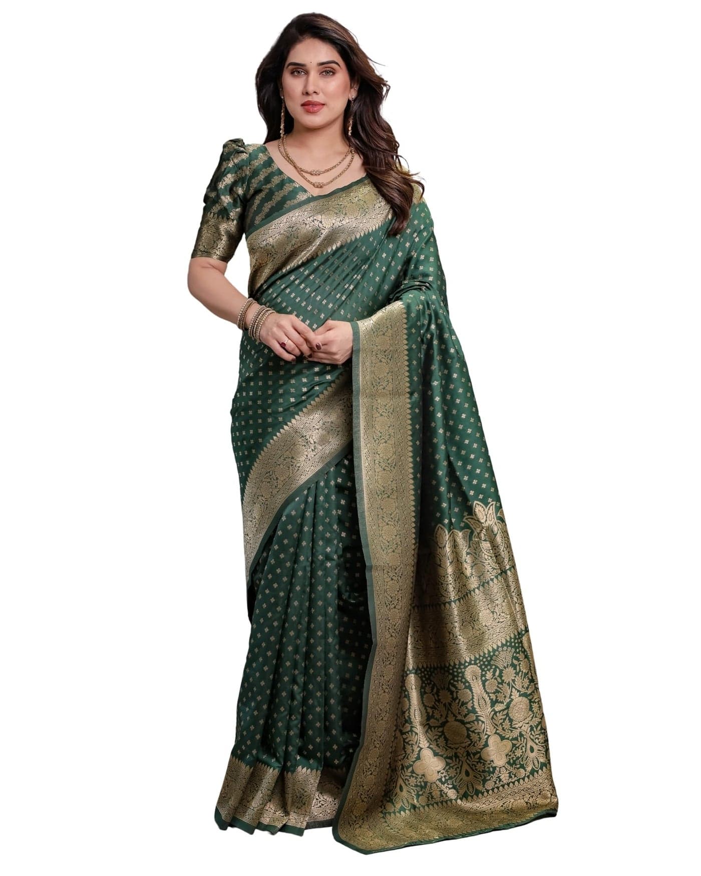 ALMAARI FASHION Kanjivaram Silk Saree, Emerald Green with Golden Zari Border, Traditional Design, 5.5 Metres With 0.80 Meter Blouse (GREEN)