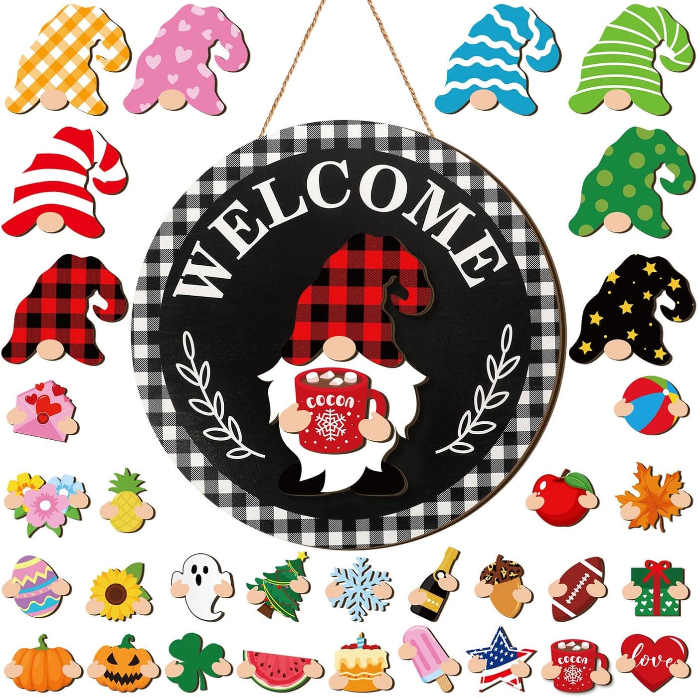 Qunclay Interchangeable Wooden Gnome Decor Holiday Seasonal Gnome Decorations with Magnet Pieces and Detachable Hats Changeable Welcome Sign for HomeStylish