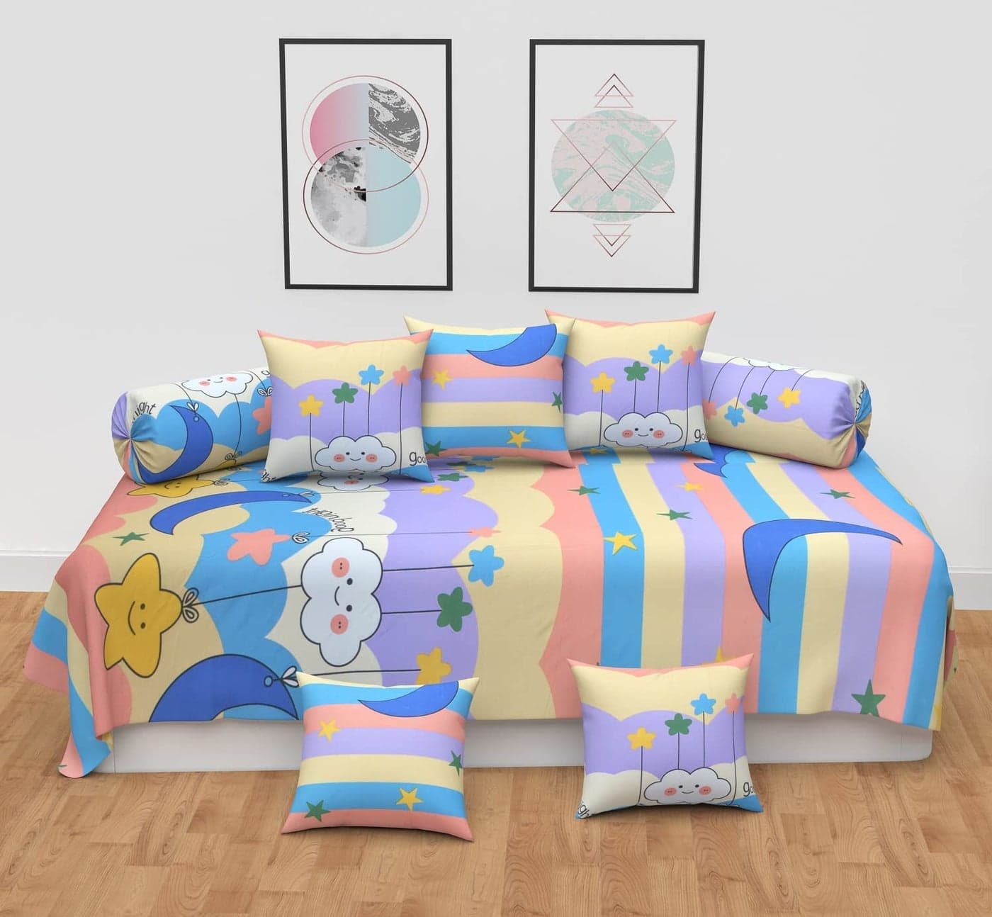 Filymore Good Night 8 Pieces Diwan Set for Kids Room Made with Pure Microfiber Package Contains 1 Single Bedsheet 5 Cushions Covers and 2 Bolster Covers Size 90X60 inchesColour Beige