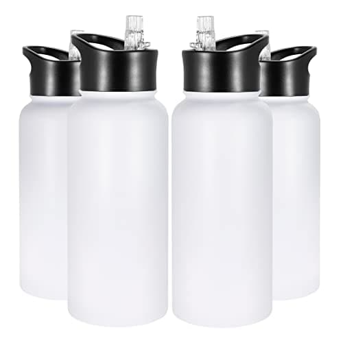 VQRRCKI 32 oz Insulated Water Bottle Bulk 4 Pack Stainless Steel Sports Water Bottles with Straw Lid Wide Mouth Lids Double Walled Vacuum Leak Proof White