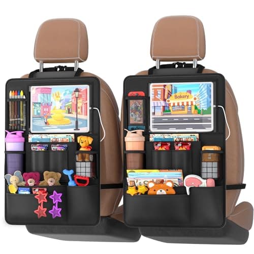 Oneyus Backseat car Organizer with Touch Screen2PACK of car organizer Kick Mats Back Seat Protector with 10pcs Storage PocketsCar Seat Back Organizers Storage for Kids road trip essentials