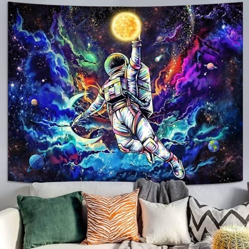 kampdream Blacklight Astronaut Space Tapestry, UV Reactive Galaxy Universe Planet Glow in Dark Tapestries for Men, Boys and Teens Cool Poster 68×90 inch