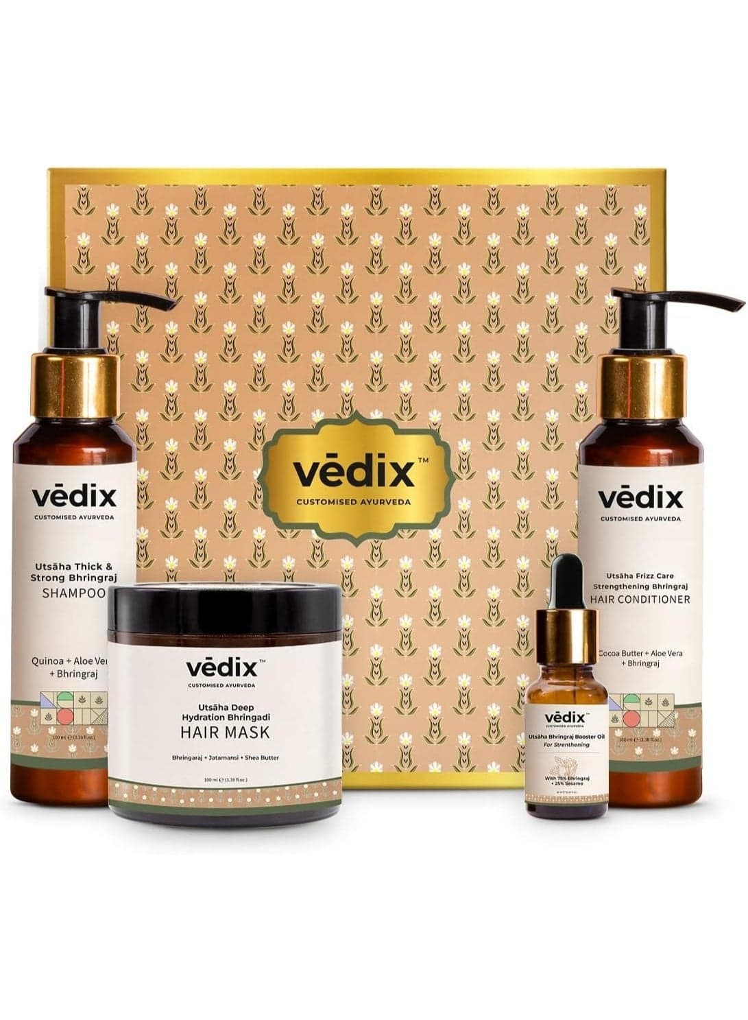Vedix Bhringadi Hair Fall Kit,Customised Ayurvedic Care Kit, With Bhringaraj Booster Oil -Bhringaraj Shampoo, Conditioner,And Mask - Gift Pack Of 4, Net Vol-310 Ml