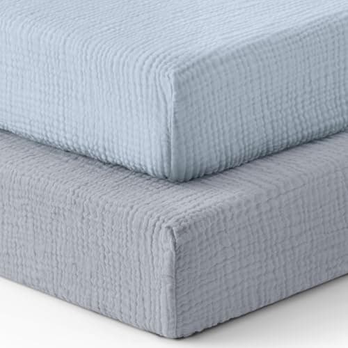 Blissful Diary Muslin Crib Sheets for Girl Boy, Boho Neutral Soft Cotton Baby Sheet for 52''x28'' Standard Crib Mattress, 2 Pack(Light Blue&Grey)