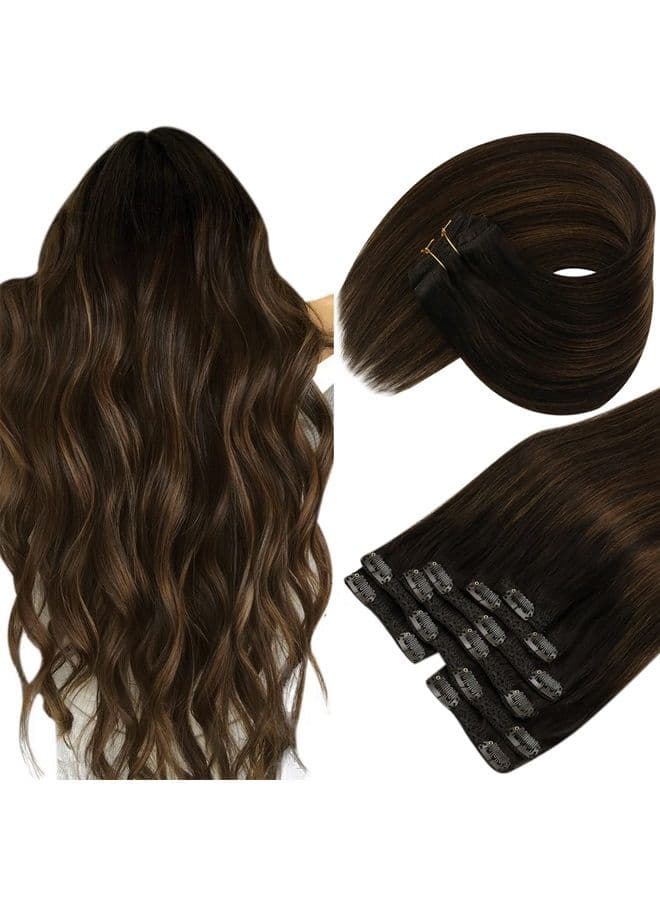 Sunny Human Hair Clip in Extensions, Brown Ombre Hair Extensions Clip in Human Hair Dark Brown Balayage Medium Brown Clip in Hair Extensions Real Human Hair Double Weft 18inch 7Pcs 120G