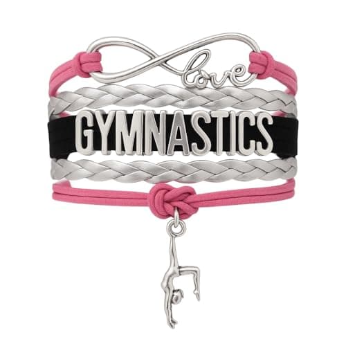 SportyBella Gymnastics Bracelets - Adjustable Charm Bracelet with Infinity Symbol & Silver Gymnastic Charm. Friendship Bracelet Gifts for Gymnasts, Teams & Coaches. (Pink/Black)