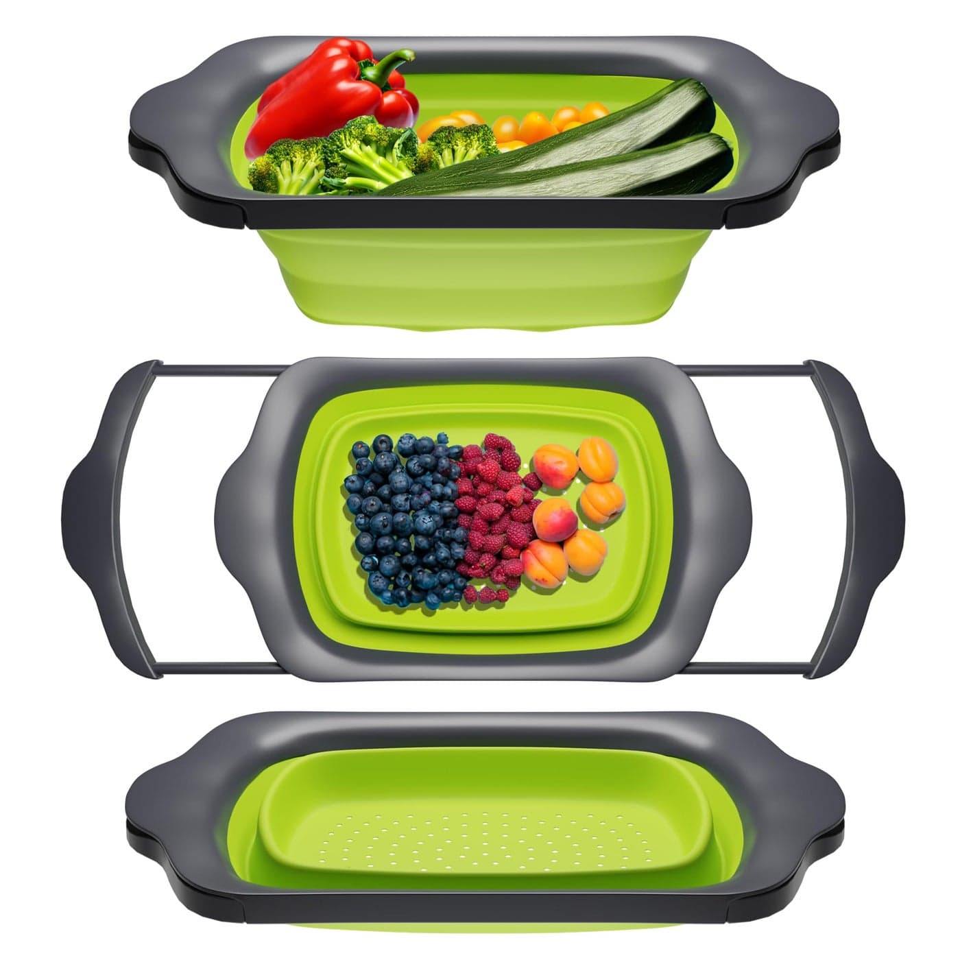 XL Large Kitchen Strainer by Comfify Collapsible Silicone OverTheSink Colander with Extendable Handles Use with Pasta Fruit Berries Veggie 6 Quart Green