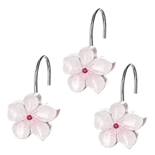 Creative Scents Vanda Flower Shower Curtain Hooks Decorative - Set of 12 White & Pink Shower Curtain Rings for Curtain - Cherry Blossom Shower Hooks - White and Pink Bathroom Accessories Decor
