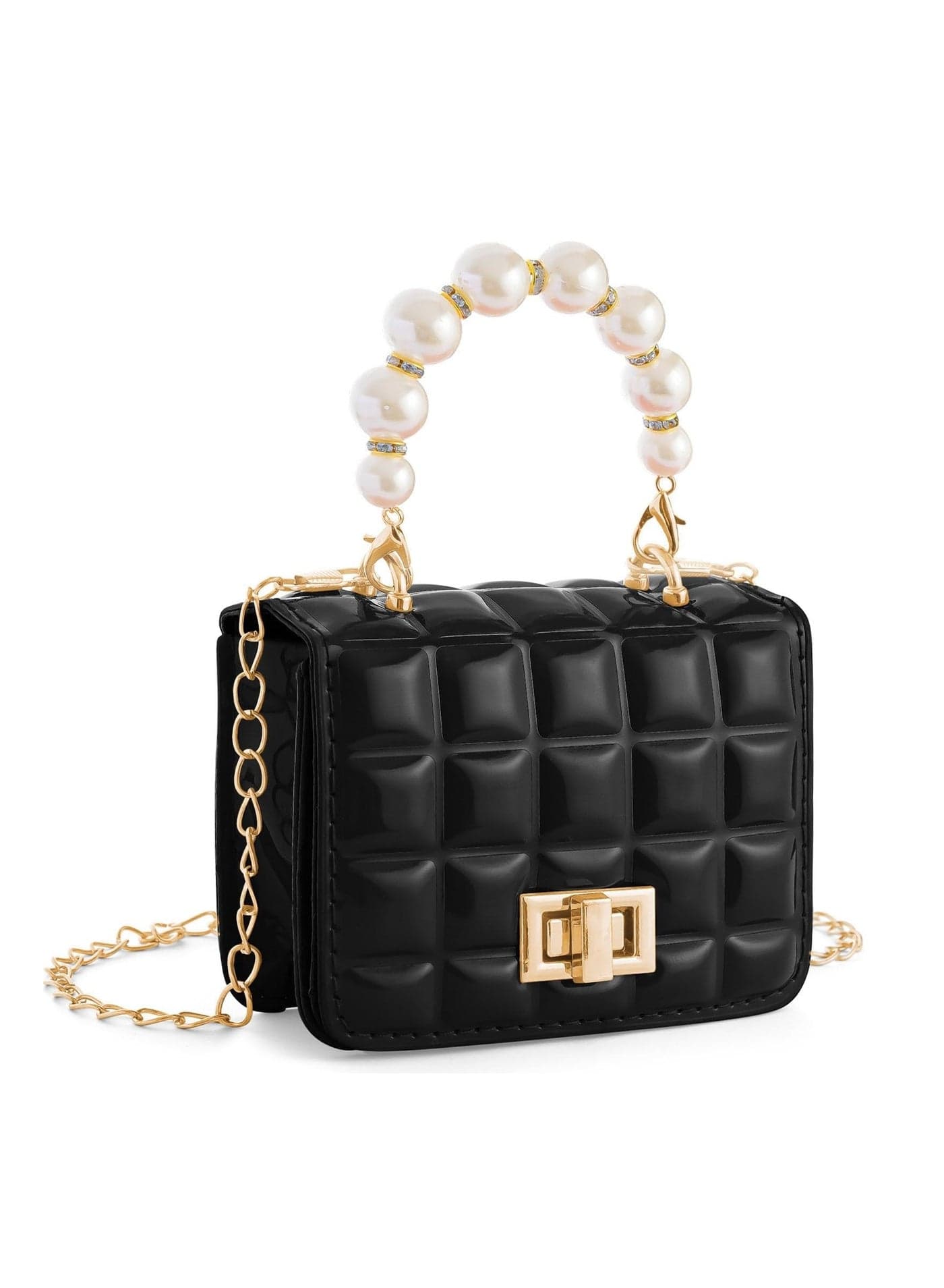 Kids Purse Little Girls Candy Color PU Leather Bag Fashion Crossbody Cute Handbag Shoulder bag with Pearl Handle Gold Chain Presents for Children (Black)