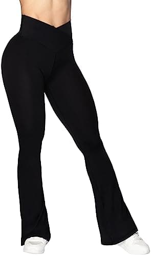 Sunzel Flare Leggings, Crossover Yoga Pants for Women with Tummy Control, High-Waisted and Wide Leg 34" Black XX-Large