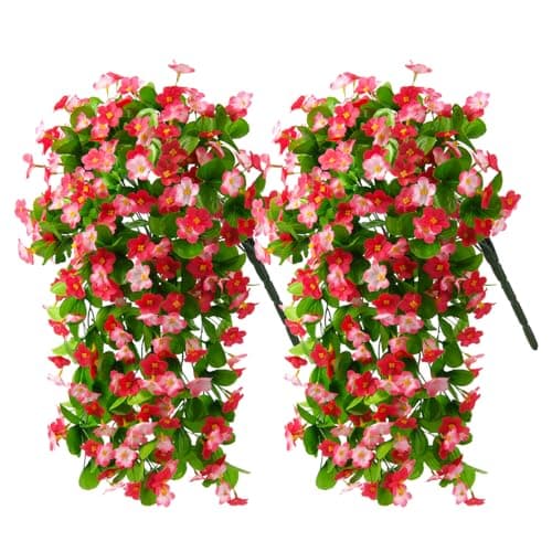 ZFProcess 2 Pack Artificial Hanging Flowers, Fake Flowers Hanging Plant Violet Flower, Artificial Faux Silk Spring Flower for Wall Front Door Yard Garden Wedding Outdoor Decoration(Deep Pink)