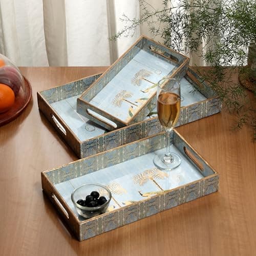 DULI Set of 3 Enamel Coated Waterproof MDF Serving Trays – Peacock Print – Sizes 16x10, 14x8, 12x6 Inches – Decorative & Durable with Side Handles (Setof3-LilacGoldenPeacockWP)