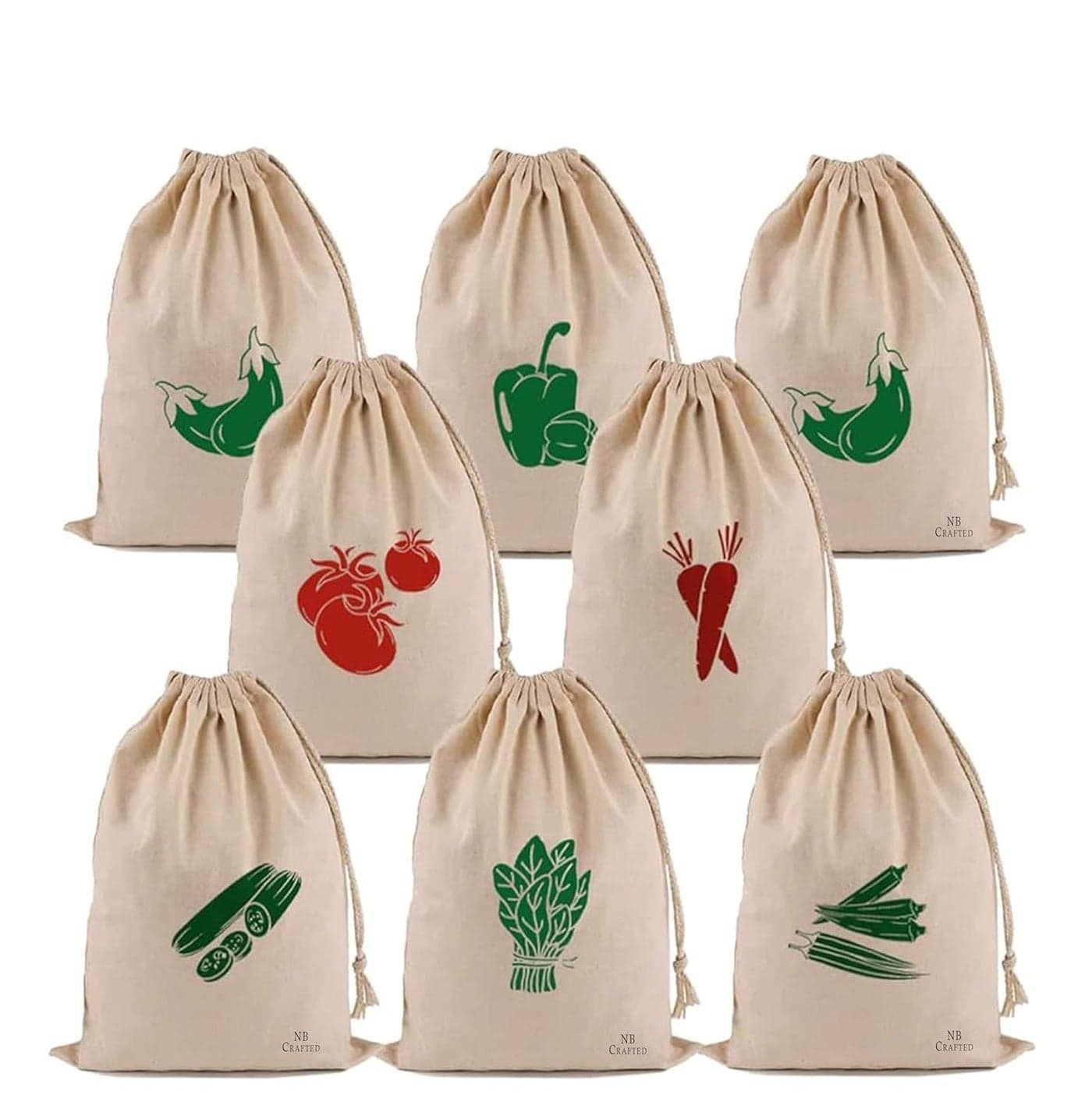 NB Crafted Cotton Bags for Vegetable Storage Fruits Pouch Fridge Produce bags Clothe Muslin Reusable Washable with Drawstrings Size 35 x 27 cm Pack of 8