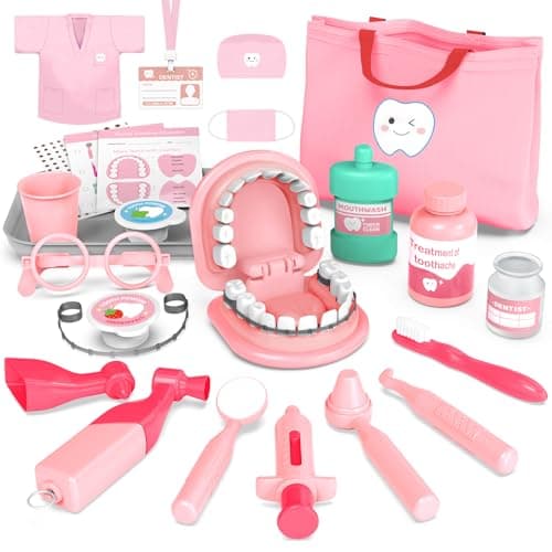 Dentist Play Set for Girls 35 Doctor Kit Toy Gifts for 3 4 Year Old Toddler Girls Pretend Play Montessori Toys Teeth and Dental Playset Medical Kits for Boys Kids 3 4 5 6 7 8 Pink