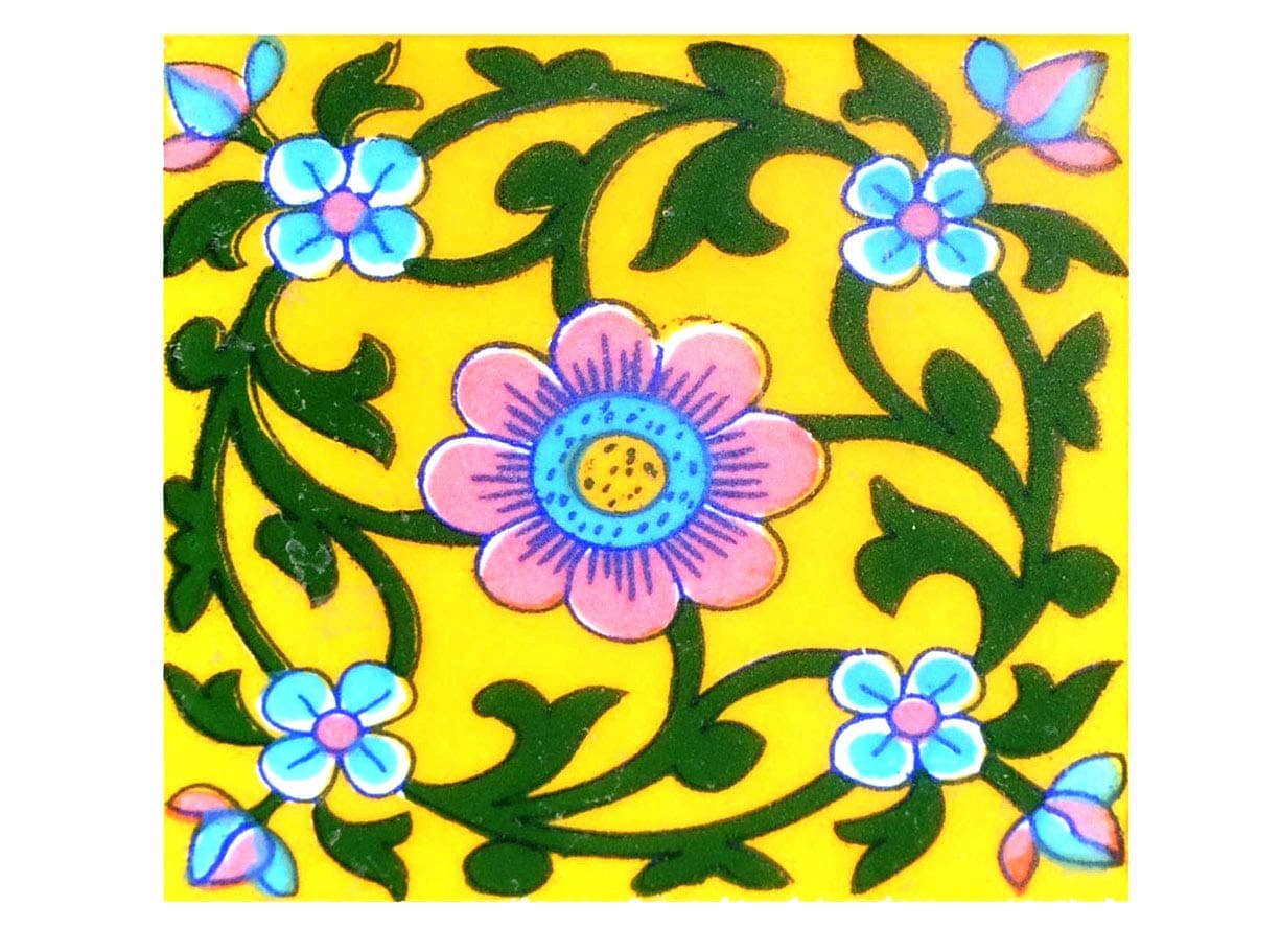 Shiv Kripa Blue Pottery Floral Decorative Handmade Kitchen Washroom Tile Tabletop Interior Exterior Plywood Flooring Wall Tile 4 x 4 Inch Pack of 6 Tiles Yellow Multi
