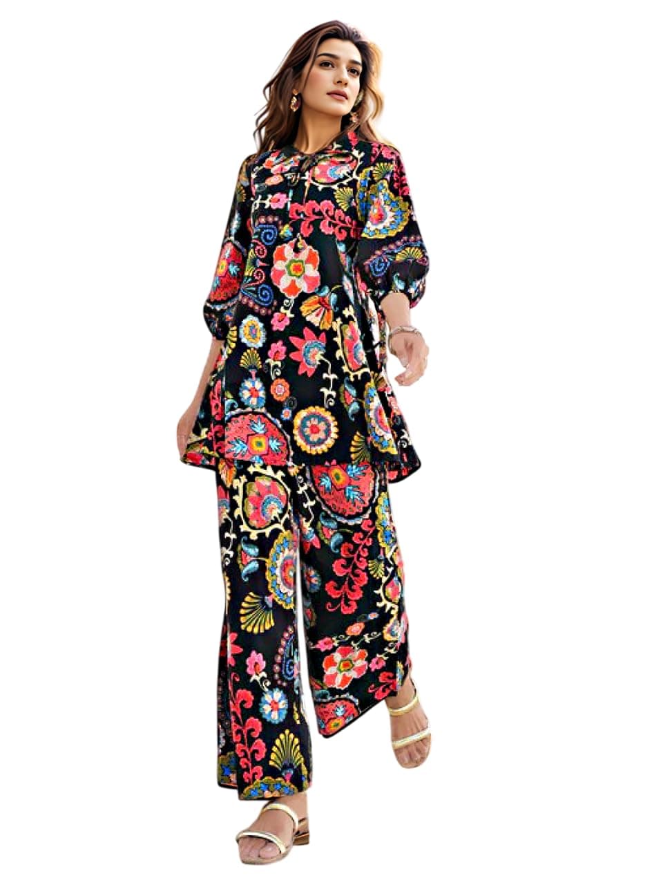 NAINVISH Women's Rayon Blend Classic Above The Knee Co-ord Set (SD875_KB-S_Black