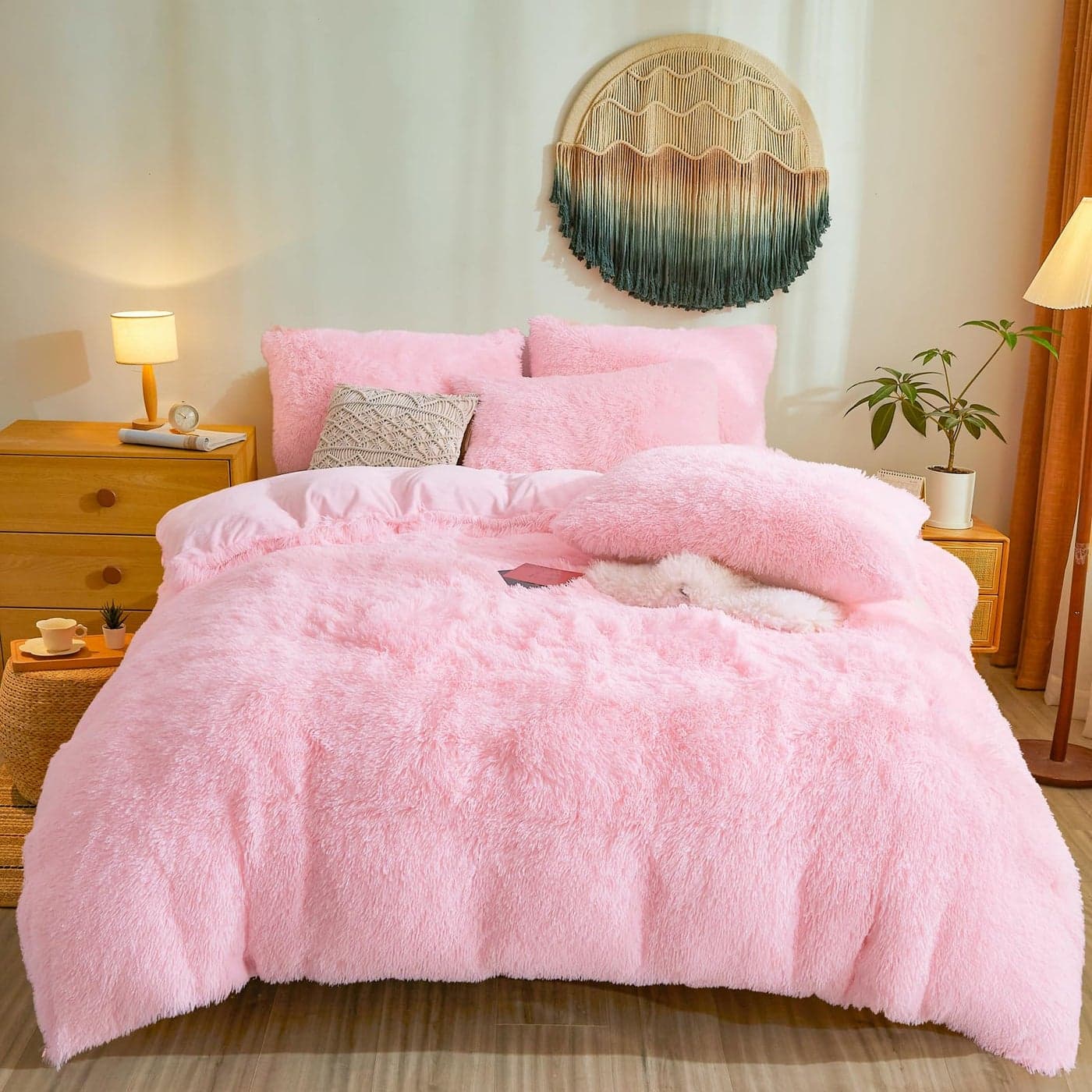 Fluffy Pink Comforter Cover Queen Set Plush Faux Fur Pink Bedding 3Piece Set 1 Faux Fur Duvet Cover 2 Furry Pillow Shams Cozy Fluffy Bed Set