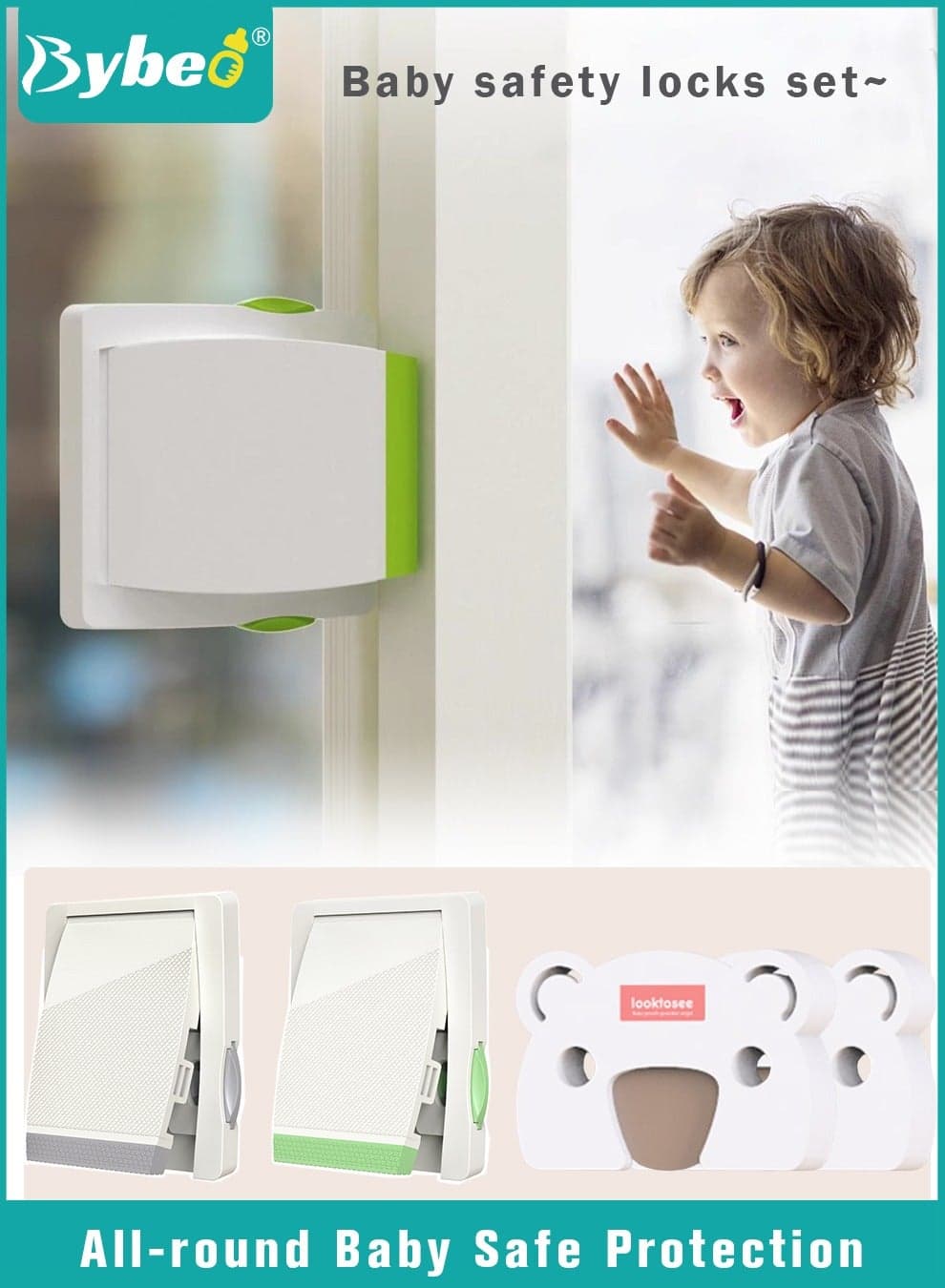 4-Piece Baby Safety Locks And Baby Safety Door Stopper, Sliding Window Safety Locks, Child Window Restrictor, Child Proof Door Guard, Children Security Locks for Sliding Windows, Door, Cabinets, Ideal for Toddlers and Kids