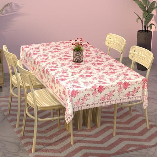 Kuber Industries Polyvinyl Chloride Dining Table Cover|Kitchen Dining Tablecloth|4 Seater Center Table Cover|Dining Table Cover for Hall Décor|Barik Flower Kitchen Tablecloth|45X70|Pink - Rectangular