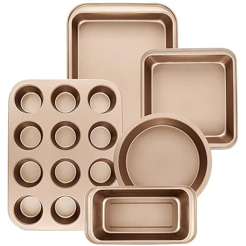Nonstick Baking Pans Set 5Piece Kitchen Baking Sheets for Oven Bakeware Sets with RoundSquare Cake Pan Muffin Pan Loaf Pan Roast Pan mobzio Cookie Sheet Set Baking Supplies Champagne Gold