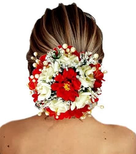 Hair Flare Artificial Rose Flower Gajra/Judapin/Juda Bun For Bridal Hair Bun Cover Accessories For Women and Girls- 2256, Red