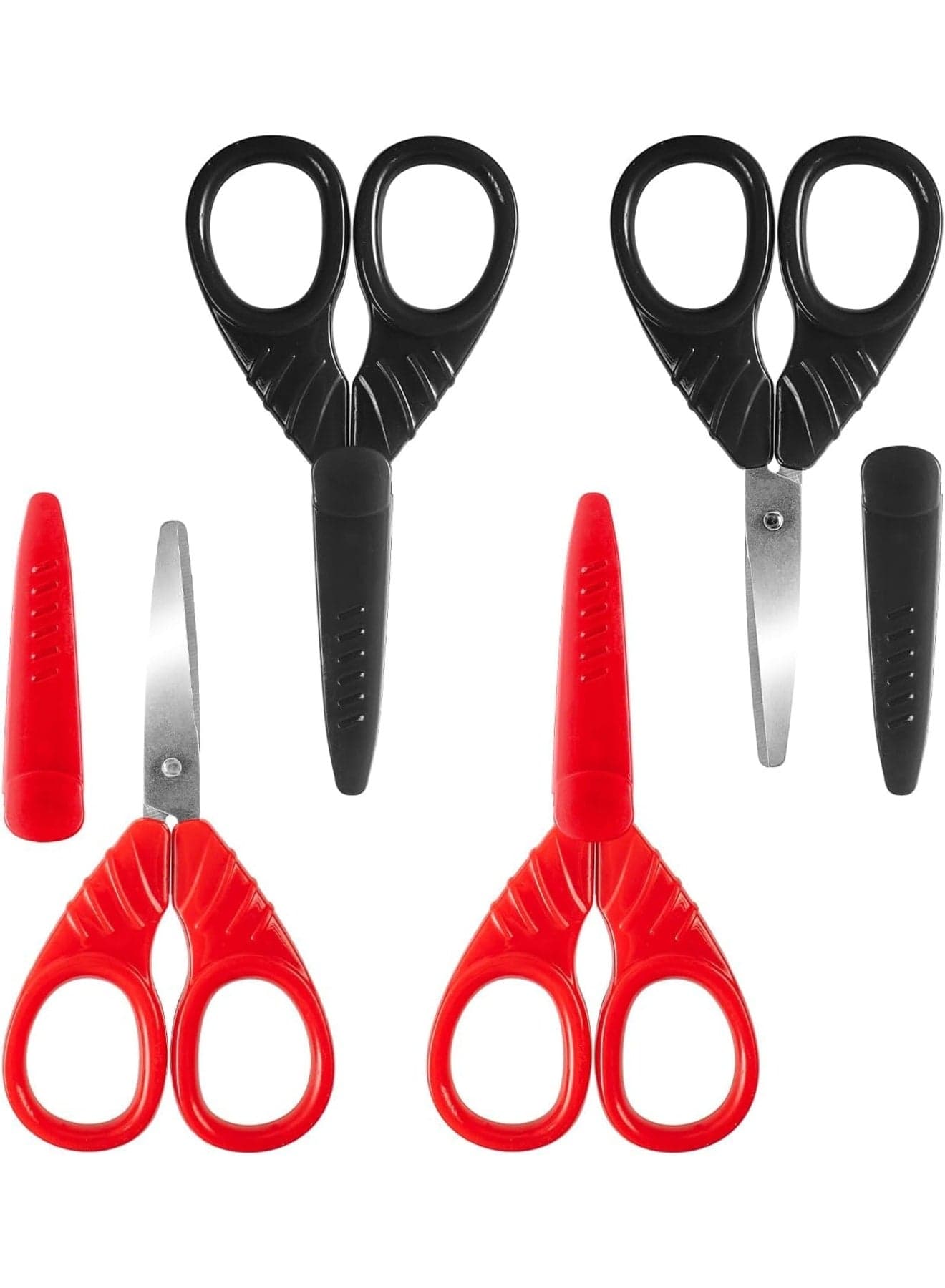 Blunt-Tip Safety Scissors with Protective Caps, Ergonomic Plastic Handles, Stainless Steel Blades, Left/Right Handed Kid Scissors for DIY, School, Classroom Craft and Art, 4-Pack(2 Red & 2 Black)