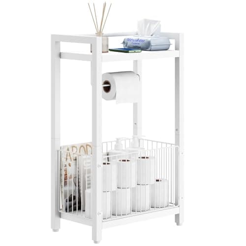 IBUYKE Freestanding Toilet Paper Holder Stand with Storage Shelf,Bathroom Toilet Tissue Roll Dispenser with Extra Space for Rolls, Magazines, Wet Wipes White TLJ020W