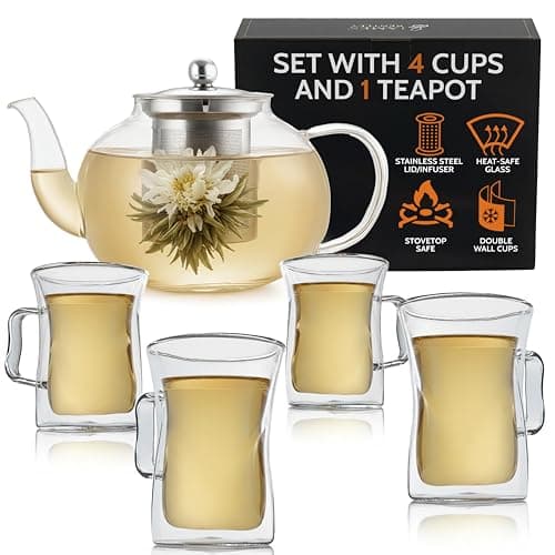 James Bentley Glass Coffee and Tea Set – Borosilicate Glass Teapot Set for Adults with 40oz Teapot & 4 Insulated Glasses, Stainless Steel Strainer for Bags and Loose Tea– Microwave, Dishwasher Safe