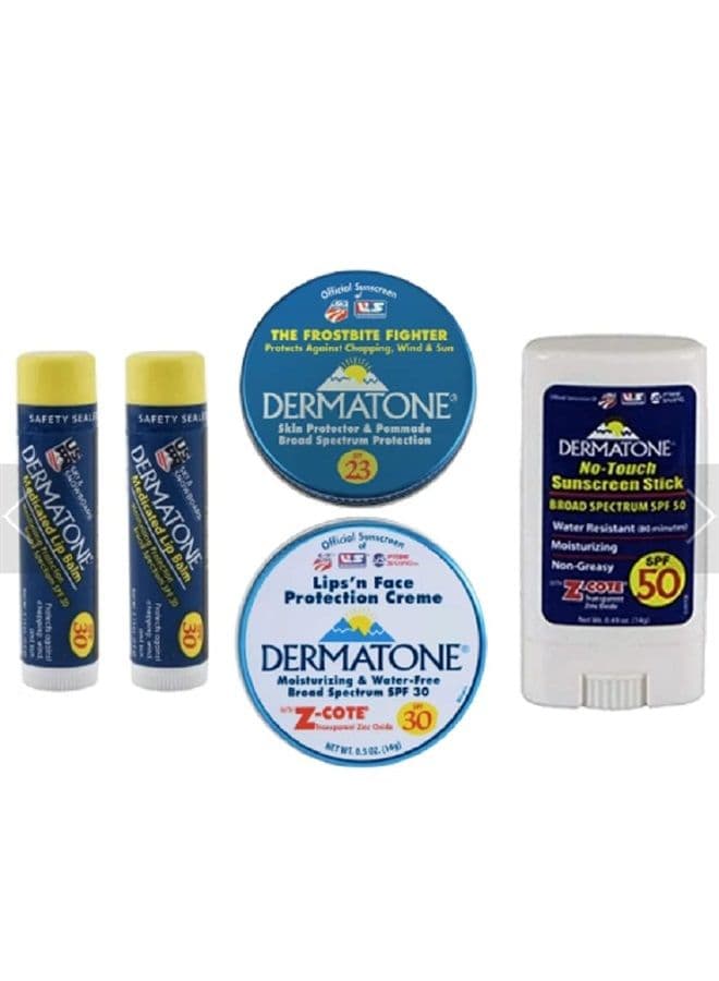 Dermatone Outdoor Protection Kit | Contains 4 of our Sunscreen, Skin Protection Products | z-Cote, Classic Tin, Mineral Sunscreen Stick and 2 Medicated Lip Balms