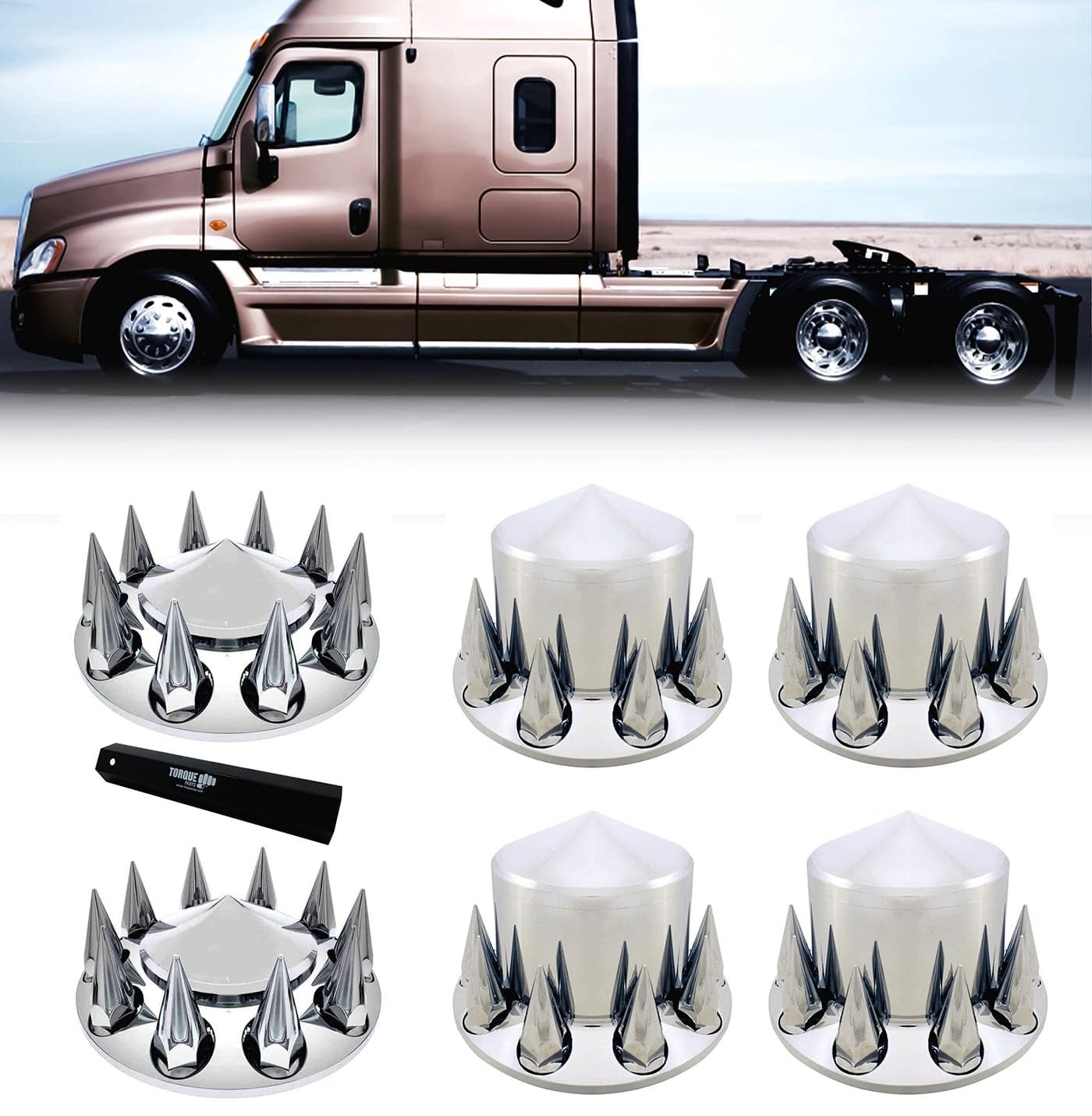 TORQUE Chrome Front and Rear Axle Complete Wheel Cover Set 33mm Spike Screwon Lug Nut Covers for Semi Truck Installation Tool Included Spiked Hub Caps Kit 2 Front 4 Rear TR571