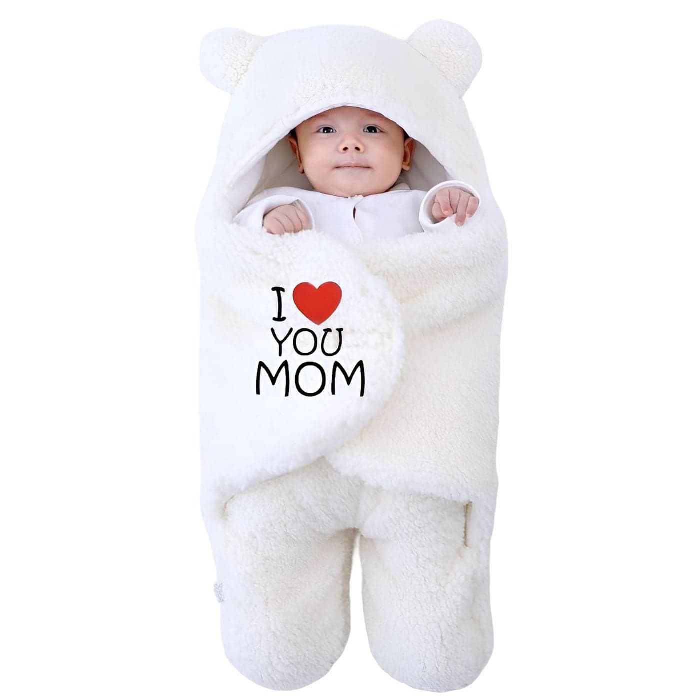 First Kick New Born Security Baby Blanket Hooded Embroided Wearable Wrapper Baby Sleeping Bag06 Months L 27 x B 13 Inches I Love MOM White