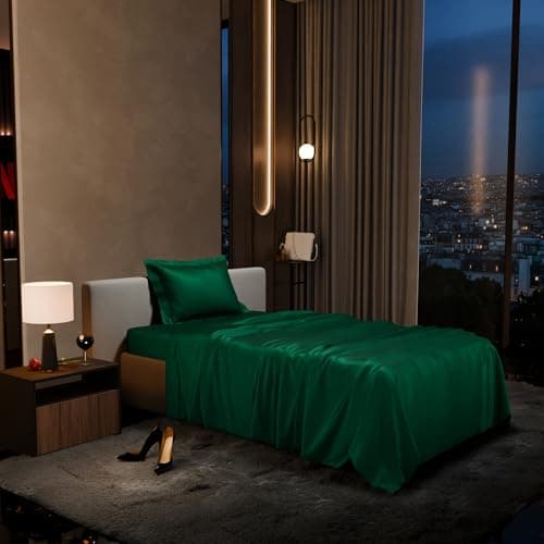 Stoa Paris Single Bedsheet with 1 Pillow Cover, 300TC Satin Premium Bedding Set, Home Decor, Wedding Gift for Couples, Housewarming, Anniversary, Date Night - Emerald Green