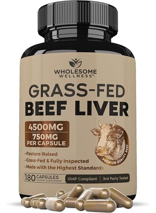 Grass Fed Desiccated Beef Liver Capsules (180 Pills, 750mg Each) - Natural Iron, Vitamin A, B12 for Energy - Humanely Pasture Raised Undefatted in New Zealand Without Hormones or Chemicals