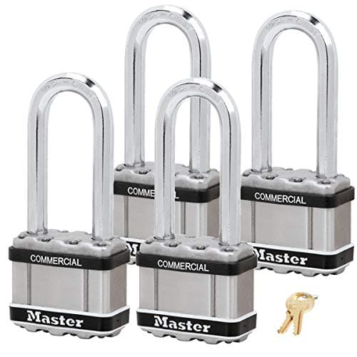 Master Lock Magnum Padlock - 2" W x 2-1/2"L Shackle, Four (4) Keyed Alike Locks w/8 Keys, M5NKASTSLJ-4 w/BumpStop Technology