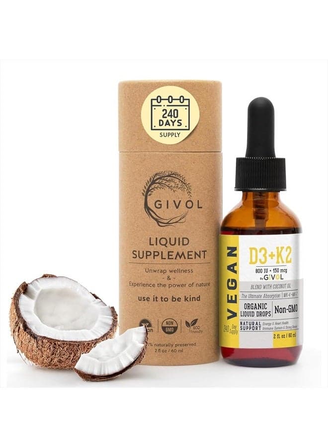 Vitamin D3 + K2 Liquid Drops (MK4 & MK7) Organic Fractionated Coconut Oil, Plant-Based, Gluten-Free, Dairy-Free, Soy-Free, Nut-Free - High Potency, Derived from Lichen & Natto, 2oz 240 Days Supply