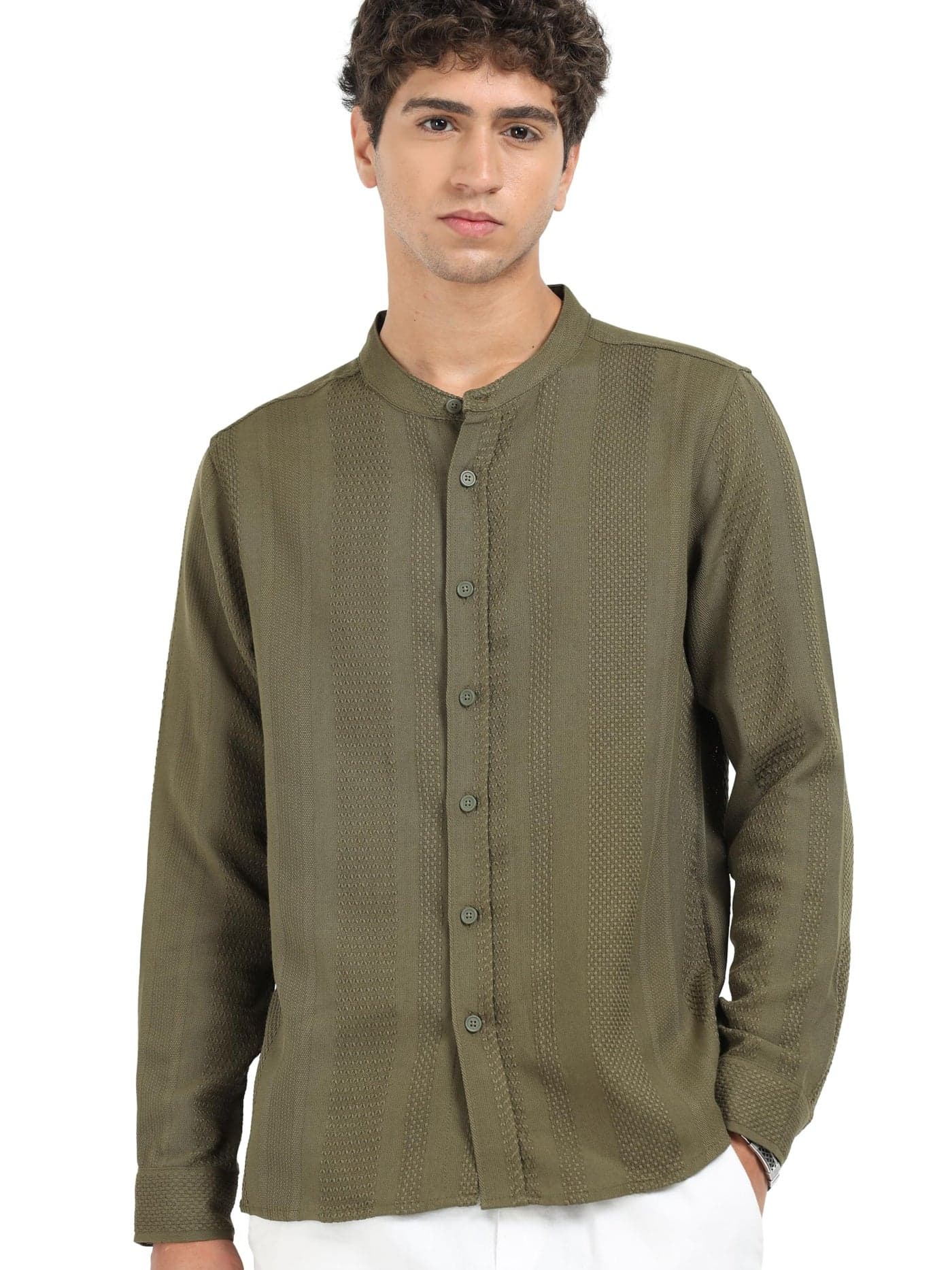 StitchX Men's Full Sleeve Textured Stripe Mandarin Collar Shirt Dobby Green M
