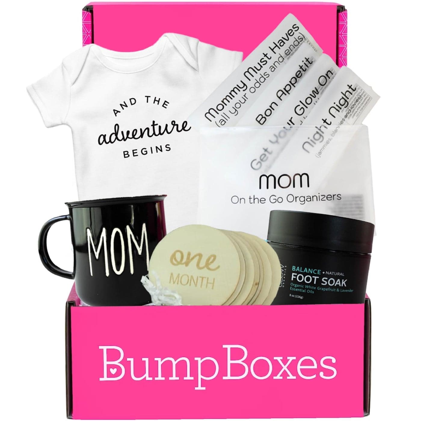 Bump Boxes 3rd Trimester Pregnancy Gifts for Expecting Moms with Milestone Disc Baby Onesie Travel Bags Ceramic Mug Organic Foot Soak Gift for Mother to Be
