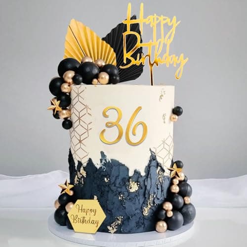 44Pcs Balls Cake Topper Man Cake Decorations with Black Gold Balls Palm Leaves Acrylic Numbers 09 and Happy Birthday Cake Toppers for Men Boy Black Theme Birthday Baby Shower Wedding Party Supplies