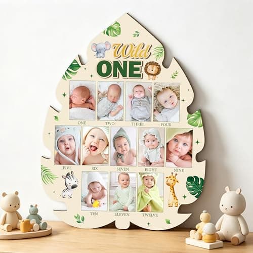 R HORSE My First Year Photo Frame Board 3D Wild One Birthday Animal Decoration Jungle Themed Baby First Year Picture Frame 12 Months Milestone Display Wood Board Nursery Decor Gift for Boy Girl