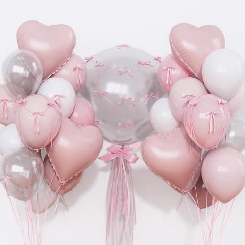 Pastel Pink and White Balloons Heart Shape Balloons Light Baby Dusty Pink White Coquette Party Decorations with 18 inch Clear Heart Mylar Balloon for Princess Girl Just Want to Be One Birthday Decor