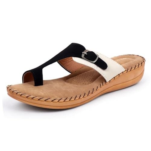 TRASE Extra Soft Slippers for Women | Orthopedic Diabetic Footwear with Cushioned Insole | Lightweight & Comfortable Ladies Chappals with Toe Ring and Adjustable Buckle (CREAM-BLACK, 9 UK)