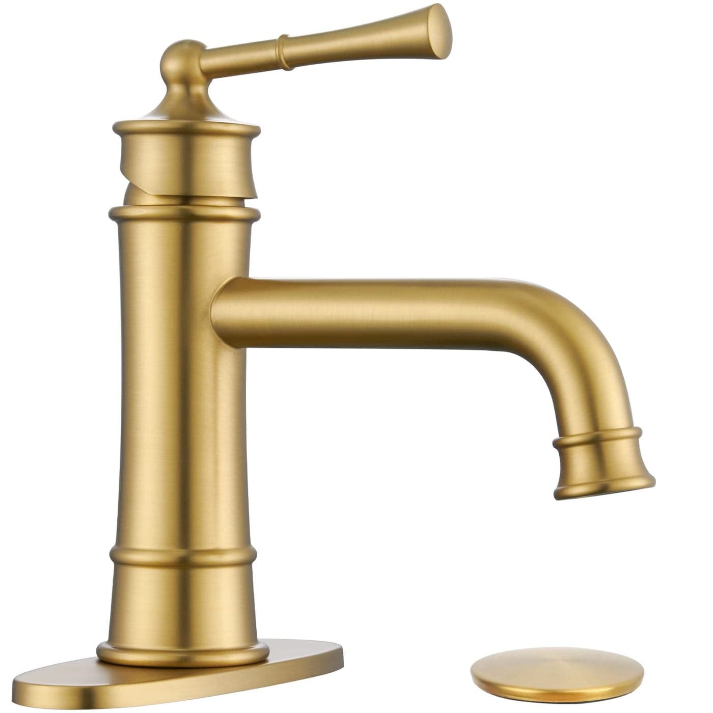 HANGORO Single Hole Bathroom FaucetBrushed Brass Gold Bathroom FaucetsBathroom Sink Faucet 1 Holewith Pop Up Drain and 2 Supply Hose for VanityLavatory RV Farmhouse L2301BG