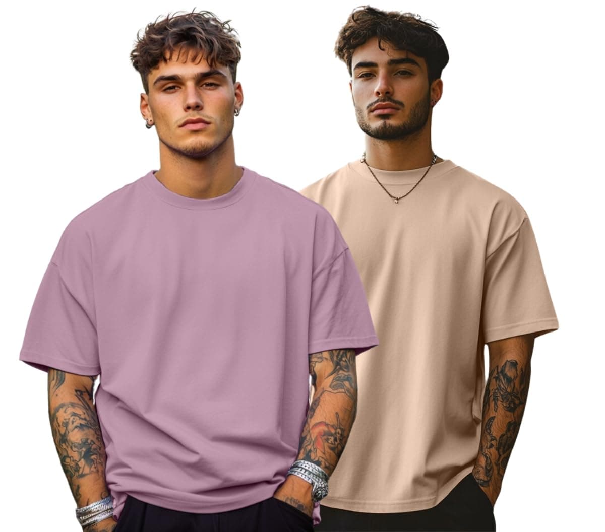 Veirdo® Lilac & Swan White Oversized Baggy Fit Drop Shoulder Half Sleeves Round Neck Solid Pure Cotton T-Shirt for Men (PO2_OS_100_LL_SW_M)