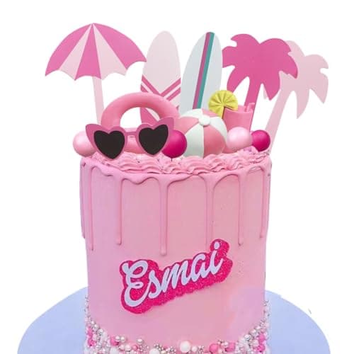Summer Pink Beach Cake Topper with Beach Ball Swimming Ring Coconut Tree Surfing Board and Sunglasses for Hot Pink Girl Summer Beach Bali Hawaiian theme cake Decor