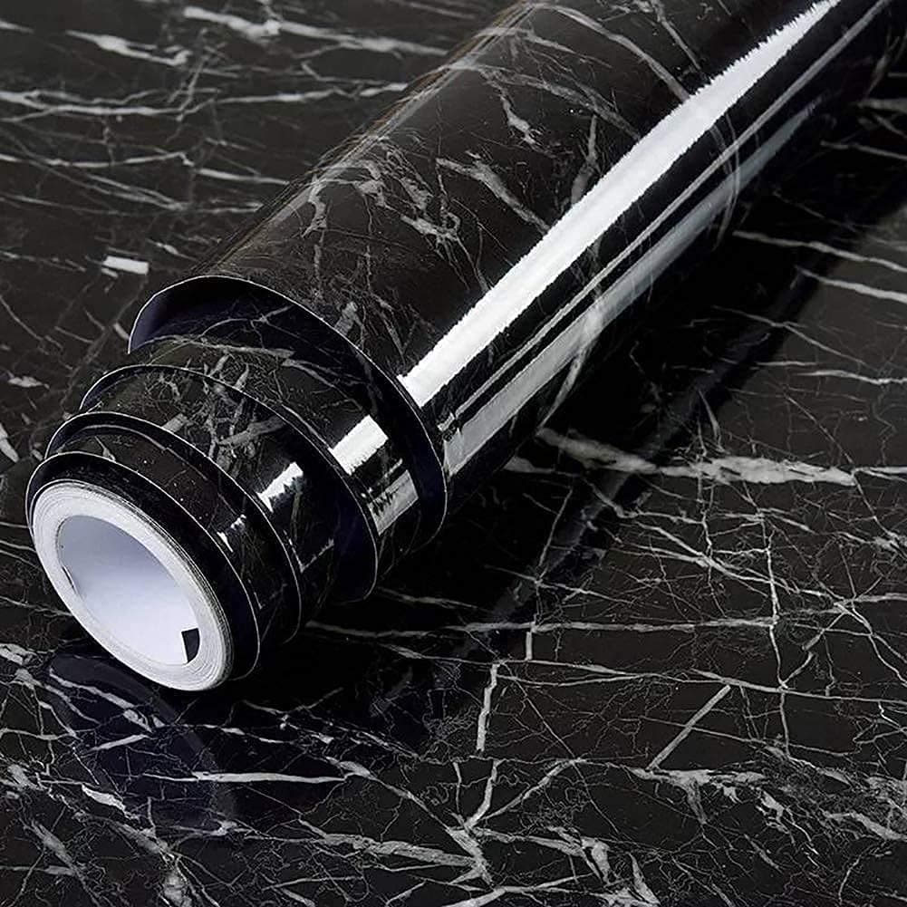 AUZENOMarble OilProof Waterproof Self Adhesive Kitchen Sheets for Shelves Cupboard mats Wardrobe for Kitchen Cabinet Shelf Liners Sheet roll for Floor Platform Fridge60 200CM Black