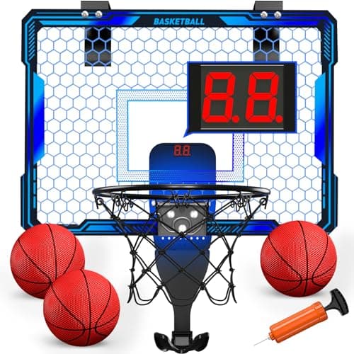 HYES Basketball Hoop Indoor Mini Basket Ball Hoop with 7 LED Lighting Scoreboard Over Door Basketball Hoop with 3 Modes Volume Adjustable Foldable Basketball Toys Gifts for Kids Adults Blue