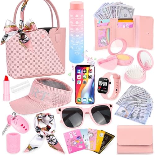 Play Purse for Little Girls 34PCS Toddler Sports Purse with Sun Hat Wristbands Water Bottle Princess Toys Includes Handbag Wallet Pretend Makeup for Kids Purse Birthday Gift for Girls 3 4 5 6